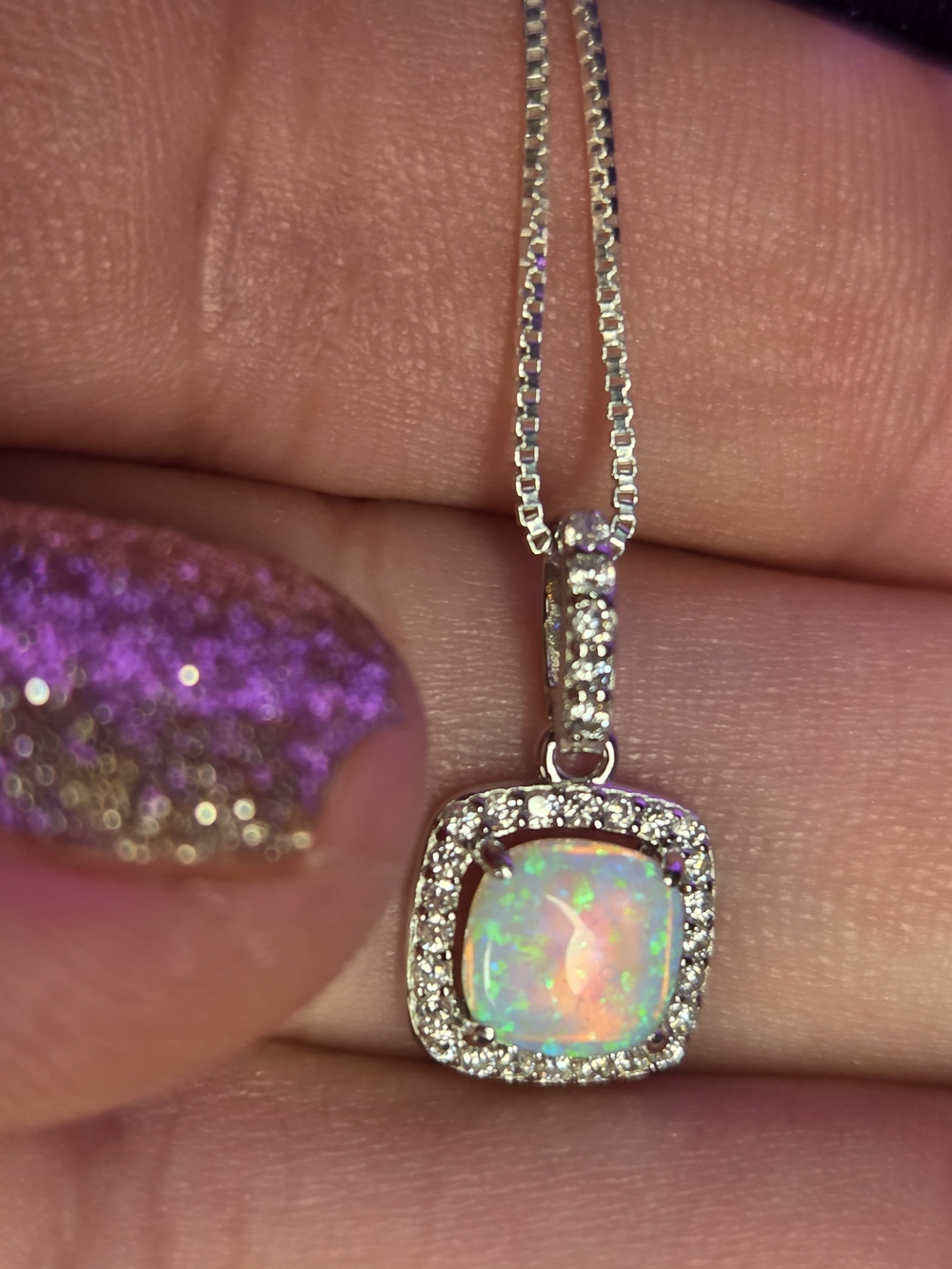 925 Sterling Silver White Opal Halo Pendant Necklace - 18in
